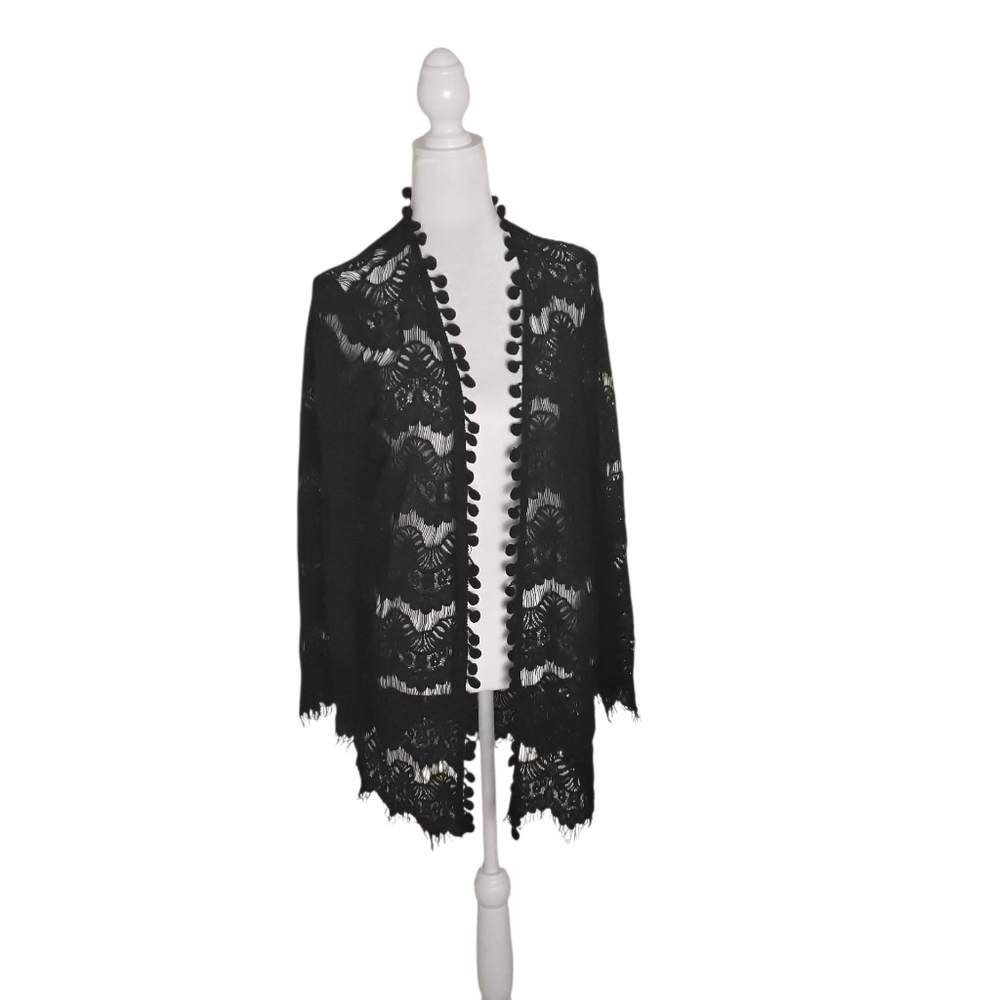 Loveriche Women's M Black Lace Pom Poms Open Front Long Sleeve Swim Cover-Up